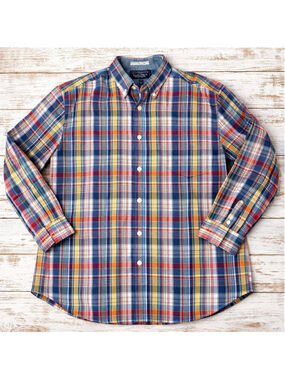 Nautica India Madras Plaid Button Down Shirt XL 100% Cotton Preppy Blue
